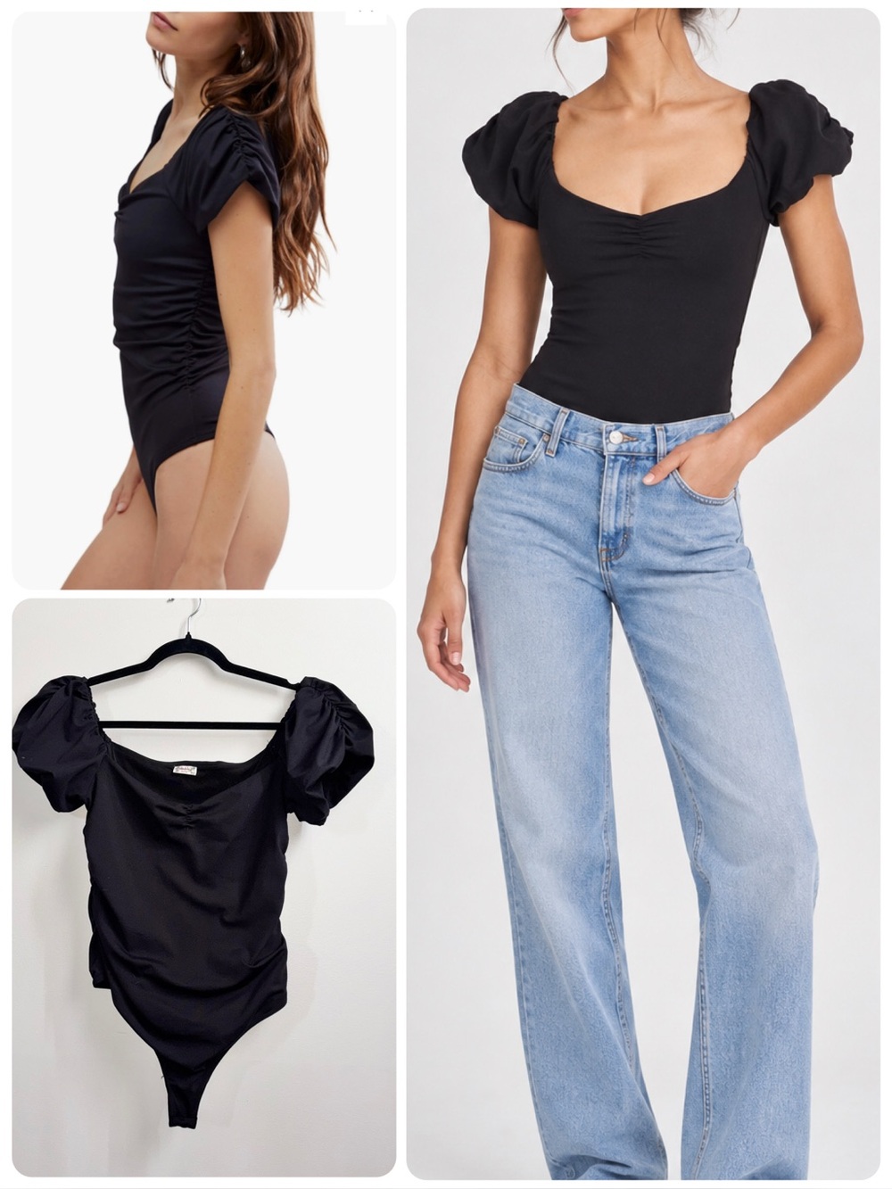 Free People Intimately Bella Bodysuit Black Ruched Puff Sleeve Top Size Medium